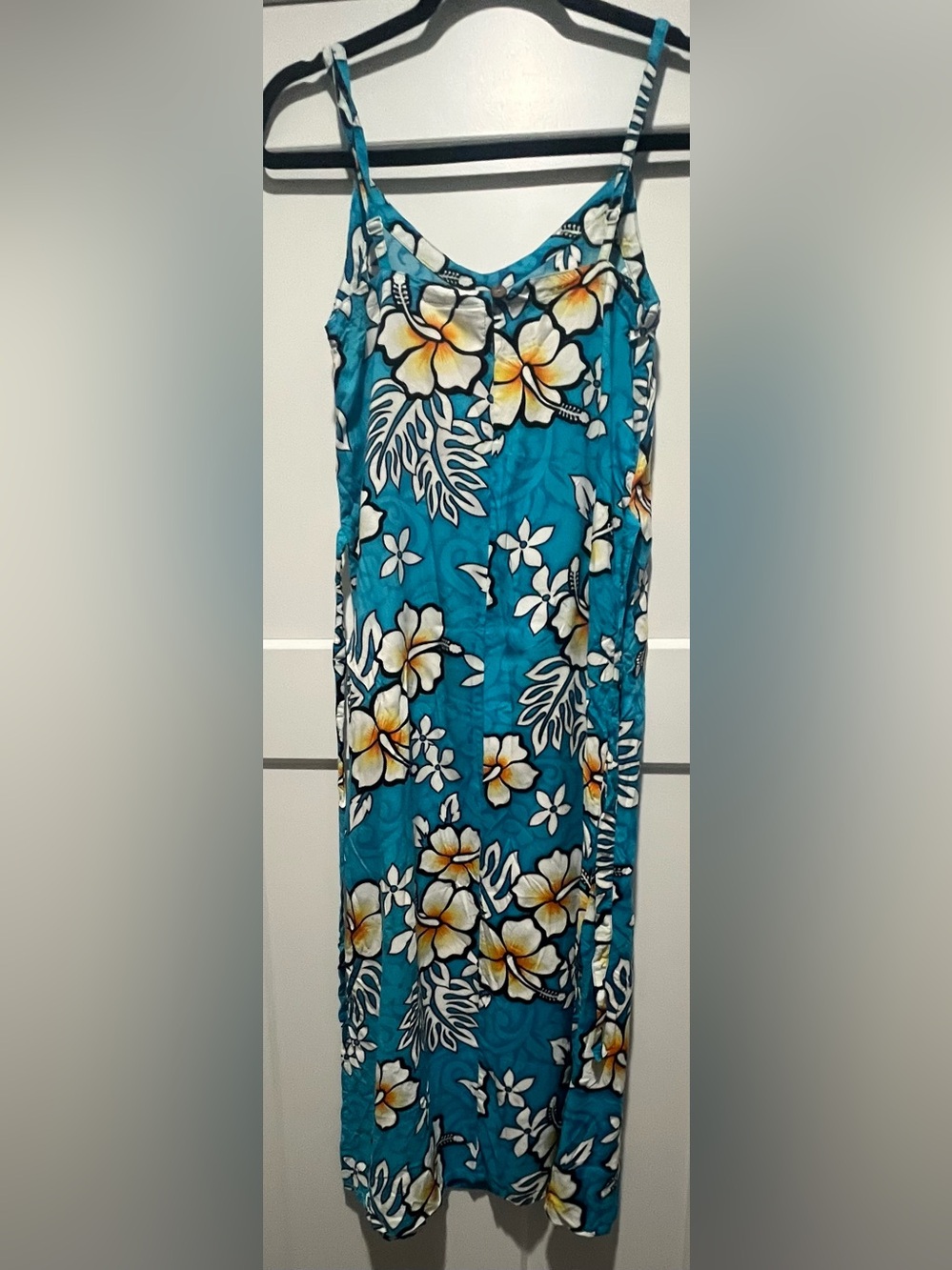 Tiki Palm Hawaiian Hibiscus Maxi Dress Turquoise Blue Orange White Size Small